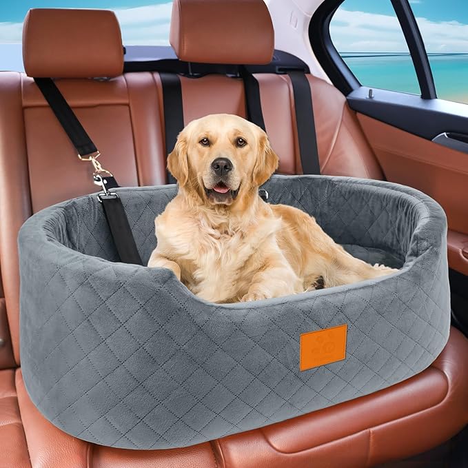 Dog Car Seat for Medium & Large Dogs up to 55 lbs, Elevated Booster Seat with Anti-Slip Base, Detachable & Machine-Washable Pet Car Bed for SUV/Sedan (Gray)-PawvioPets
