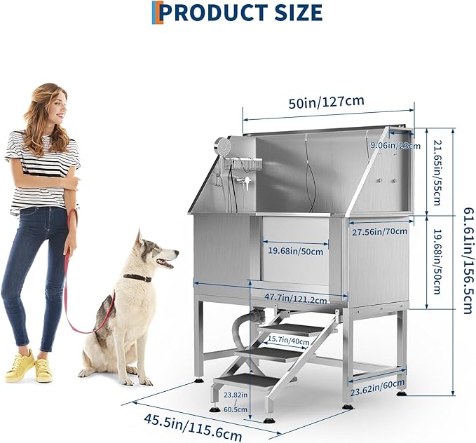 50" Stainless Steel Professional Dog Washing Station - Pet Bathing Tub w/Non-Slip Stairs | Slip-Resistant Floor Grate | for Large/Medium/Small Dogs-PawvioPets