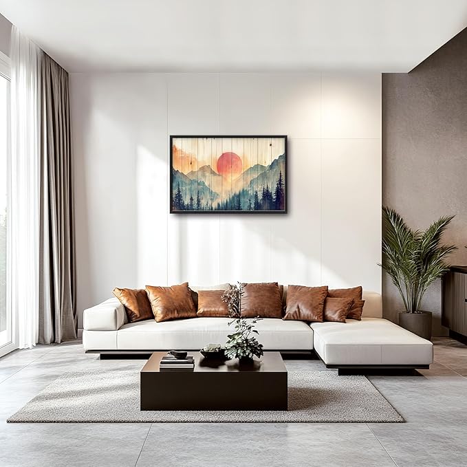 Framed Large Cabin Mountain Wall Art for Living Room, Oversized Rustic Forest Wall Decor, Rustic Nature Landscape Canvas Painting Sunset Pictures Home Decoration for Bedroom Office 36"x24"-PawvioPets