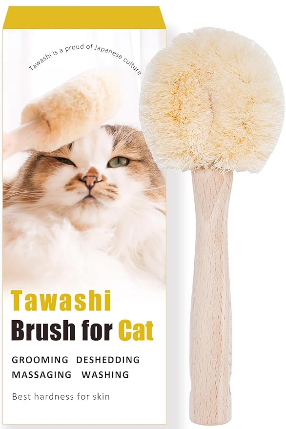 Cat Grooming Massage Tawashi Brush with Wood Handle Less Static Natural Sisal fiber Made in Japan (Type-A)-PawvioPets