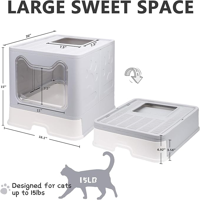 Foldable Cat Litter Box with Lid, Enclosed Potty, Large Top Entry Anti-Splashing Toilet, Easy to Clean Including Litter Scoop and 2-in-1 Cleaning Brush (Grey)-PawvioPets