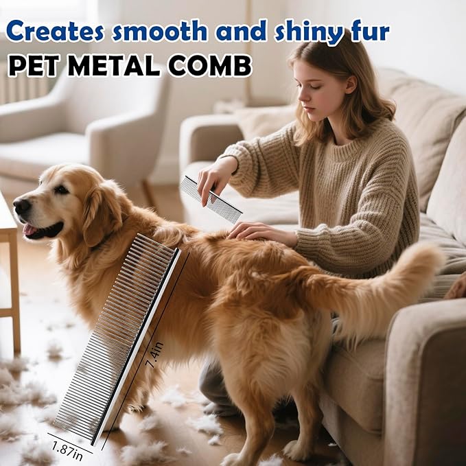 Dog Grooming Brush Set – 5-Piece Kit for Medium & Long-Haired Dogs | Includes Long Pin Brush, Flea Comb, Bath Glove, Silicone Glove, Metal Comb | For Poodles, Huskies & More (Blue)-PawvioPets