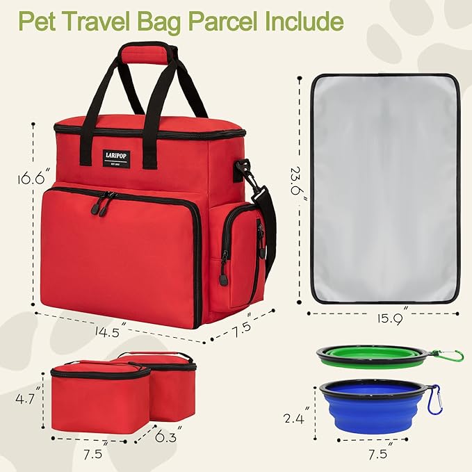 Dog Travel Bag,Weekend Pet Travel bag Set for Dog and Cat,Airline Approved Tote Multi-Function Bags for Traveling,Include 2 Collapsible Bowls,2 Food Storage Containers,1 Feeding Mat,Red-PawvioPets