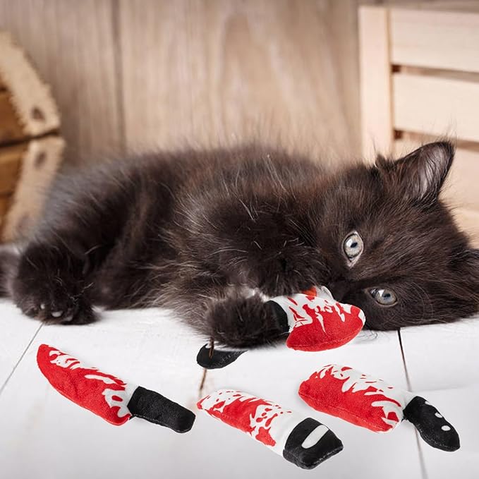 8pcs Catnip Toy, Indoor Knife Shaped Cat Toy Horror Plush Interactive Chew Bite Toys for Halloween Christmas Cat Kitten Indoor Festive Holiday Cat Lover Gift-PawvioPets
