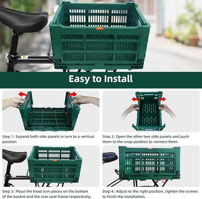 Foldable Large Green Plastic Bicycle Rear Basket with Cargo Net and Waterproof Cover Net for Shopping Outings, Pets, School, Picnics or Outdoor Activities, Easy to Install on Rack Mount-PawvioPets