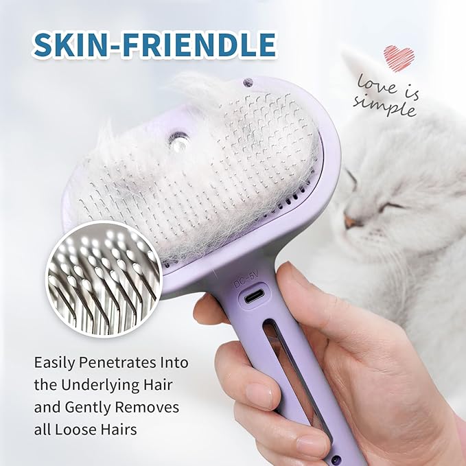 3 in 1 Steam Cat Brush for Shedding - Self-Cleaning Dog Grooming Tool for Long and Short Hair Pets - Removes Static, Flying Hair, and Loose Fur (Purple)-PawvioPets