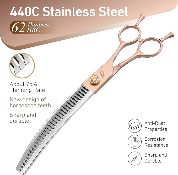 Fenice Peak Professional Curved Chunker Dog Grooming Scissors 8.0'' Rose Gold Thinning Shears Extremely Sharp Blades 440C Stainless Steel Thinning Shears Durable Smooth Fine Cut for Dogs and Cats.-PawvioPets