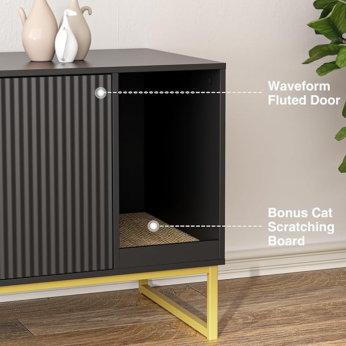 Cat Litter Box Enclosure, Fluted Hidden Litter Box Furniture with Scratch Pad and Metal Legs, Modern Enclosed Cat Cabinet, 31.5 x 17.7 x 21.7 Inches Indoor Pet House for Living Room, Washroom, Black-PawvioPets
