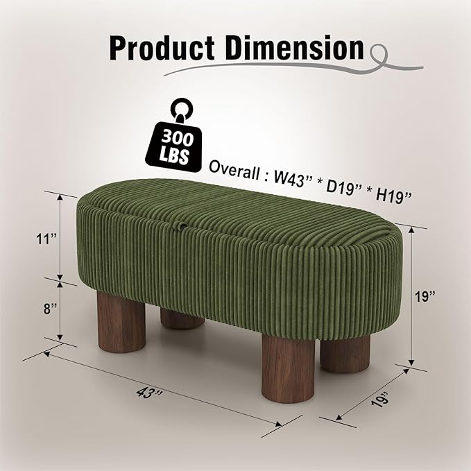 Bench with Storage 43 inch, Upholstered Corduroy Farbic Green Oval Footrest with Hidden Storage, Stool Modern Design Legs for Bedroom, Living Room, and Entryway Furniture Ottoman-PawvioPets