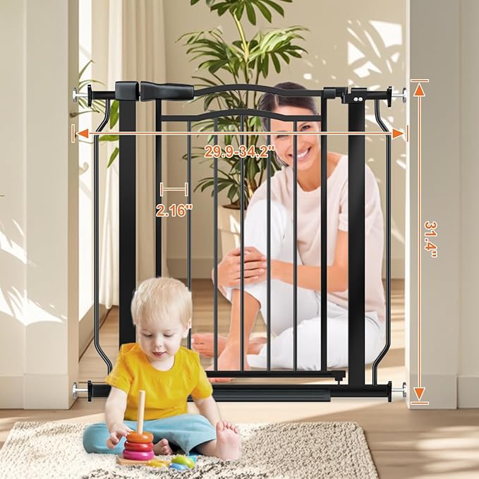 30" Tall Narrow Baby Gate for Doorways No Drill 29.5-33.8" Wide, Auto Close Press Mounted Baby Gate Indoor for Kids, Walk Through Pet Gates for Stairs, Black-PawvioPets