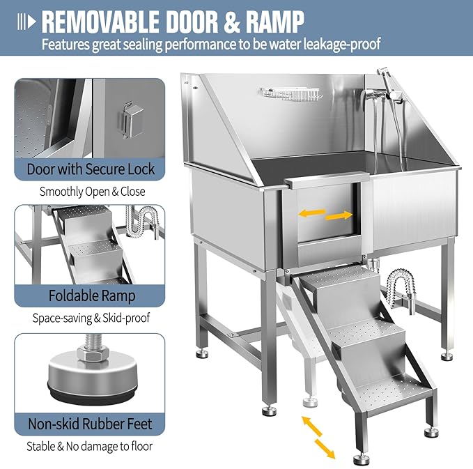38" Dog Washing Station, Professional Stainless Steel Dog Bathing Station, Equipped with Three Anti-Slip Steps, Removable Door, Upgraded Spray Nozzle&Hose - Ideal for Home, Pet Grooming Salon,L-RAMP-PawvioPets
