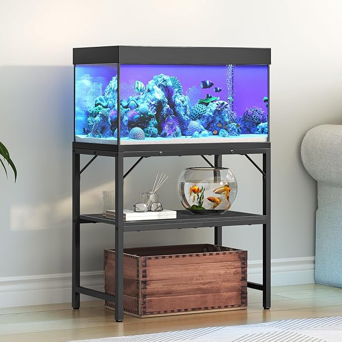 30 Gallon Fish Tank Stand, Aquarium Stand with 2-Tier Storage Shelves, Heavy Duty Breeder Turtle Terrarium Stand Rack for Home Office, 30.0" L x 11.8" W x 24.4" H, Black FTBK3001-PawvioPets