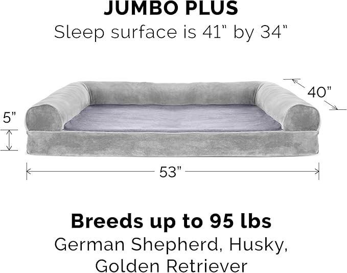 Furhaven Cooling Gel Dog Bed for Large Dogs w/ Removable Bolsters & Washable Cover, For Dogs Up to 125 lbs - Faux Fur & Velvet Sofa - Smoke Gray, Jumbo Plus/XXL-PawvioPets