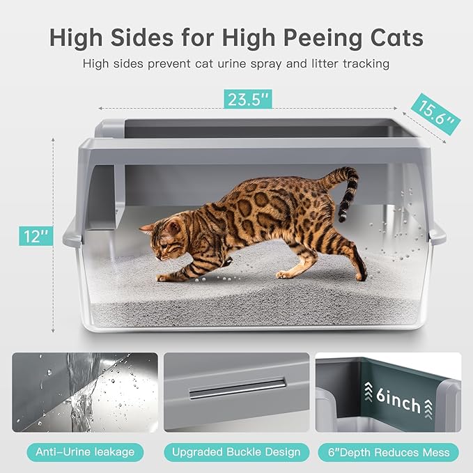Enclosed Stainless Steel Cat Litter Box with Lid, XL Extra Large Litter Box for Big Cats, Metal Litter Pan High Sided, Never Absorbs Odors, Anti-Urine Leakage, Include Scoop (SH-Light Gray)-PawvioPets