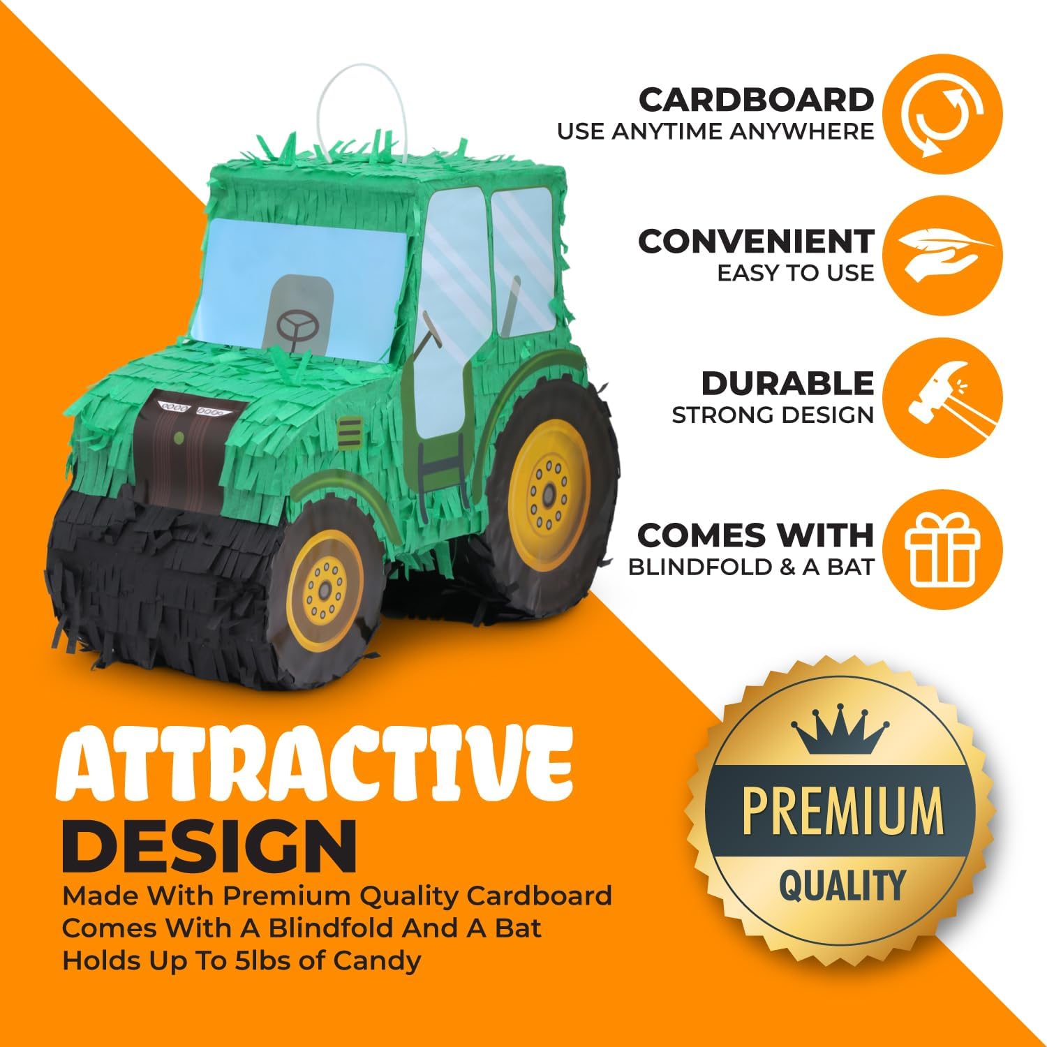 Tractor Pinata Bundle with a Blindfold and Bat(15.8 x 6.7 x 12 Inches), Kids Excavator Pinata for Construction Birthday Parties, Boys Birthday Party Supplies