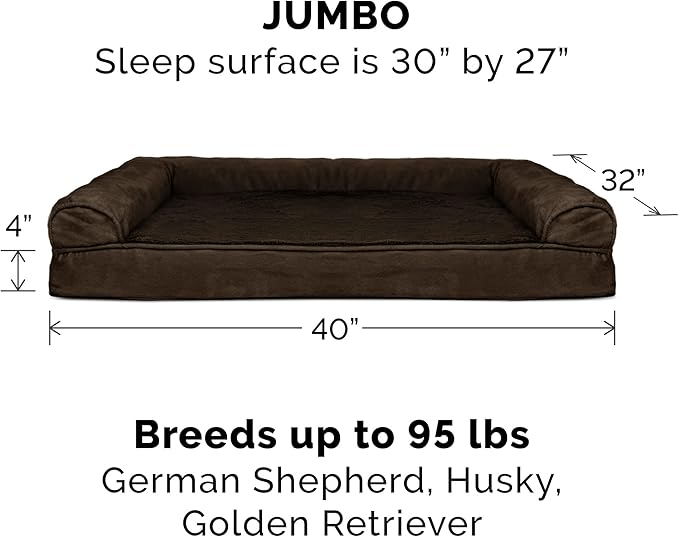Furhaven Orthopedic Dog Bed for Large Dogs w/ Removable Bolsters & Washable Cover, For Dogs Up to 95 lbs - Plush & Suede Sofa - Espresso, Jumbo/XL-PawvioPets