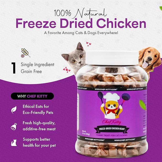 Freeze-Dried Chicken Heart Treats for Cats & Dogs – 100% Human Grade, Single Ingredient, High-Protein, Healthy Snack – No Additives or Preservatives – 2.6oz - Inspected & Tested in USA-PawvioPets