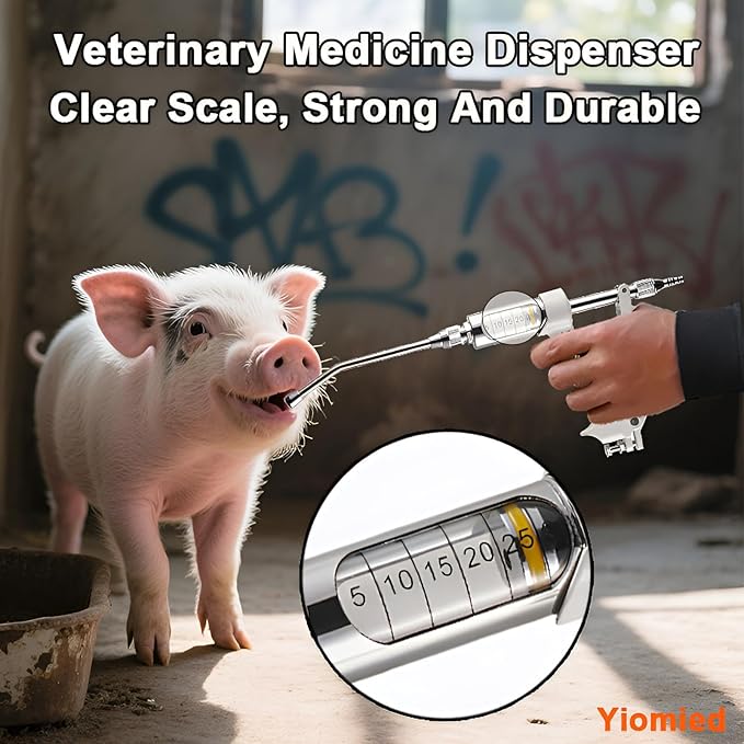 30ML Veterinary Metal Feeding Gun, Continuous Drench Gun Dosing Device Veterinary Adjustable Medicine Dispenser Husbandry Autonomous Feeding Tool, for Pig Cow, Sheep, Horse (White Color, 30ML+Kettle)-PawvioPets