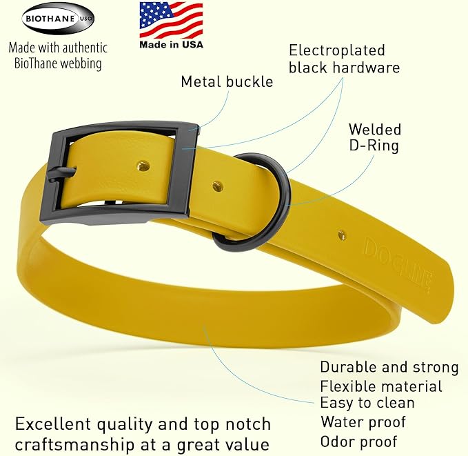 Dogline Biothane Waterproof Dog Collar Strong Coated Nylon Webbing with Black Hardware Odor- Proof for Easy Care Easy to Clean High Performance Fits Small Medium or Large Dogs, Treasure Gold-PawvioPets