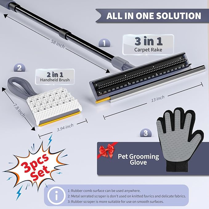 3 in 1 Carpet rake Kit for Pet Hair Removal Tool - Reusable Pet Hair Remover Broom w 58" Adjustable Long Handle, Dog & Cat Carpet Scraper, Pet Hair Remover for Rugs, Mats, Couch, Curtains(Gray)-PawvioPets