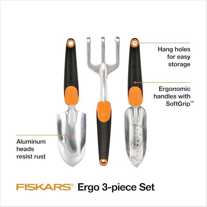 Fiskars 3-in-1 Garden Tool Set, Includes Trowel, Transplanter, and Cultivator for Outdoor Gardening, Ergonomic Yard Tool Kit-PawvioPets