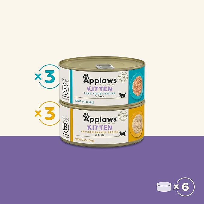 Applaws Natural Wet Kitten Food in Broth, Limited Ingredient, No Additives, Kitten Food Variety Pack in Broth (6 x 2.47oz Cans)-PawvioPets
