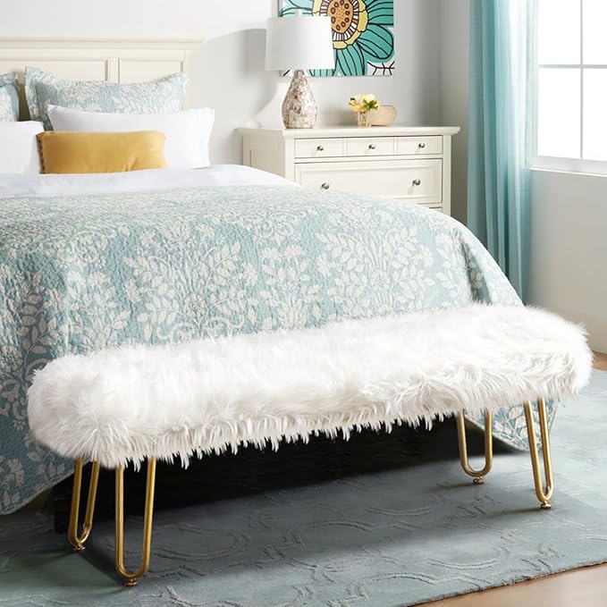 42.5Inch White Bedroom Bench, Benches for Bedroom White Faux Fur Upholstered Bed end Bench, Tufting Bench Indoor Bench with Metal Legs for Living Room Bedroom Dining Room Entryway-PawvioPets