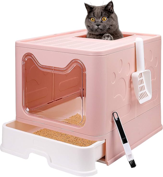 Foldable Cat Litter Box with Lid, Enclosed Potty, Large Top Entry Anti-Splashing Toilet, Easy to Clean Including Litter Scoop and 2-in-1 Cleaning Brush (Pink)-PawvioPets