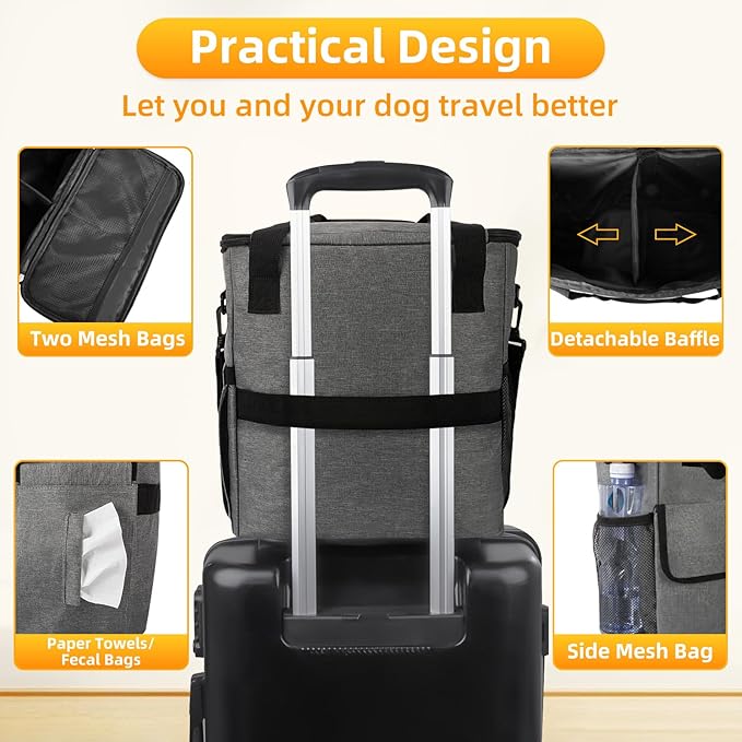 Dog Travel Bag for Camping - Weekend Pet Accessories With 2 Collapsible Bowls, 2 Food Containers, 1 Waterproof Feeding Mat - M, Grey-PawvioPets