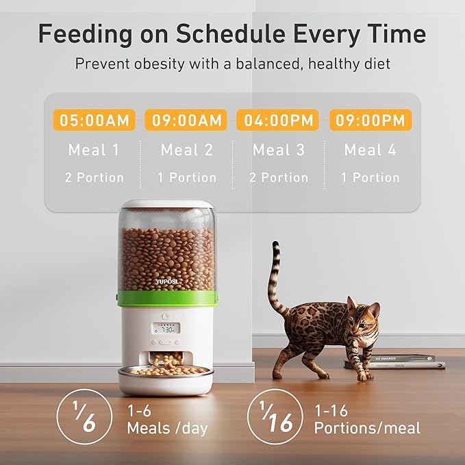 Automatic Cat Feeder - 4L Timed Auto Pet Feeder for Cat and Dog with Dry Food Dispenser, 180-day Battery Life, 1-6 Meals Per Day, 1-16 Portion, Desiccant Bag Keeps Food Fresh-PawvioPets