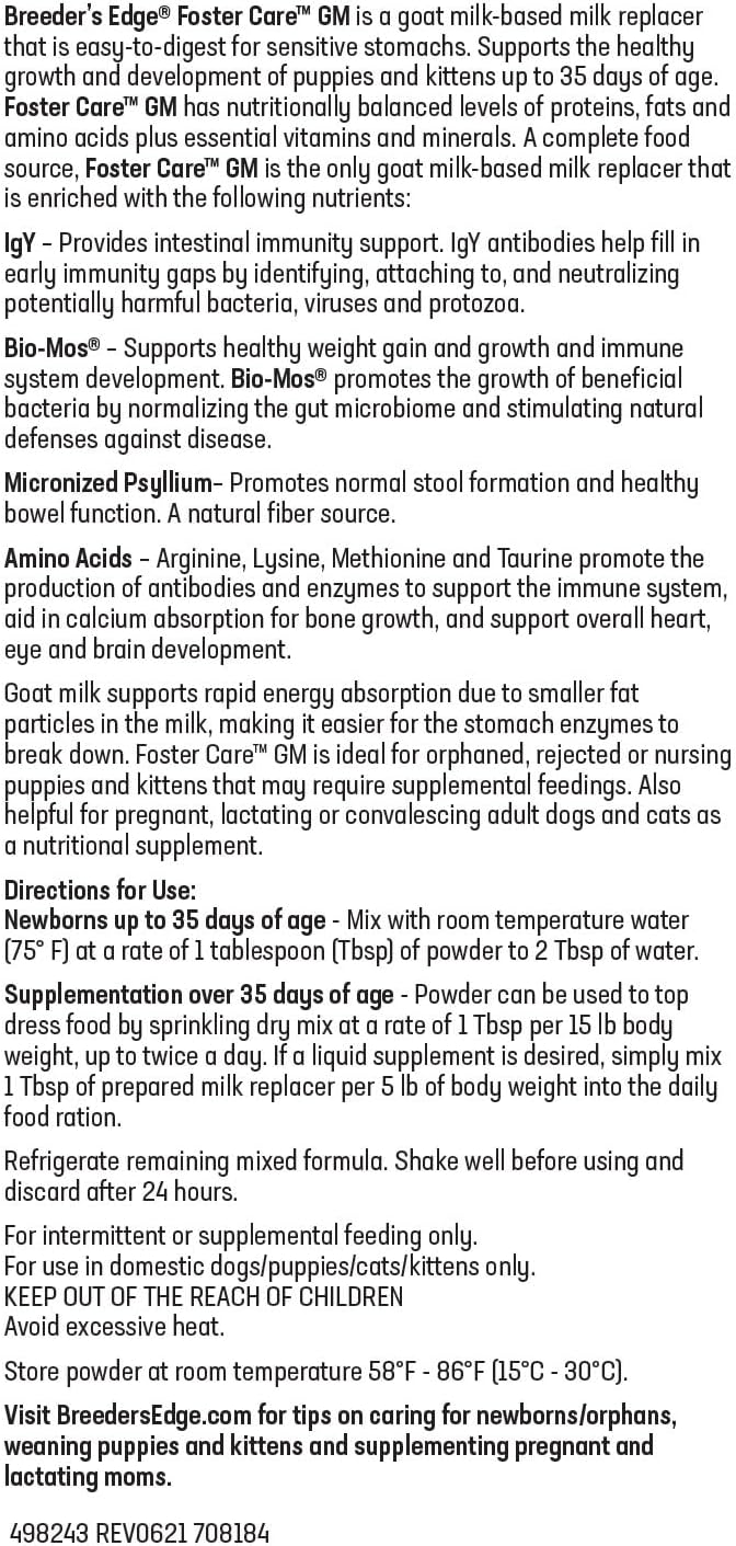 Breeder's Edge Foster Care GM - Goat Milk Based Powdered Milk Replacer - Puppies , Kittens , Cats & Dogs Formula - Easy Digestion - 5 lb-PawvioPets