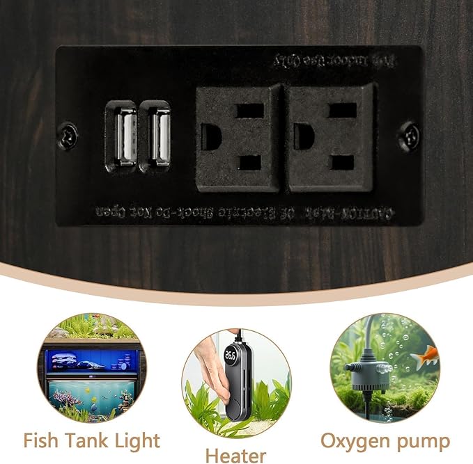 75 Gallon Fish Tank Stand with LED Light & Power Outlets, 55-75 Gallon Heavy Duty Metal Aquarium Stand with Drawers & Barn Doors, Cabinet for 2 Fish Tank Accessories Storage, Dark Oak-PawvioPets