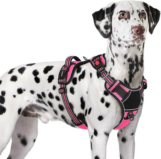 Eagloo Dog Harness for Large Dogs, Easy Wearing with 3 Buckles, Adjustable No Pull Pet Harness with 2 Rings for Walking, No Chock Reflective Soft Padded Vest with Control Handle, Pink & Black, XL-PawvioPets