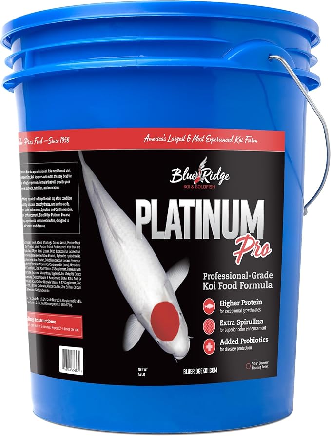Blue Ridge Koi Fish Food 14lb - Koi Food 3/16” Platinum Pro Formula Goldfish Food, Premium Fish Food for Ponds, Ponds Fish Food, Floating Pond Pellet-PawvioPets