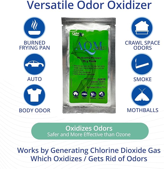 AQM by OdorXit, Air Quality Manager Chlorine Dioxide Odor Removal Packet, Dog Odor Eliminators for Hom, Wet Dog Smell & Car Deodorizer, Cigarette & Strong Smell Neutralizer, 25g-PawvioPets