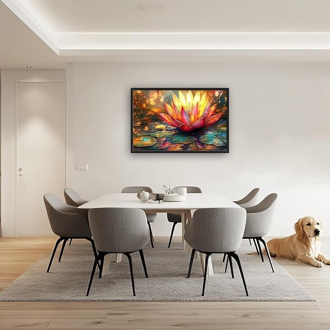 Framed Large Lotus Wall Art for Living Room, Oversized Lotus Flower Wall Decor Zen Golden Floral Canvas Painting Modern Artwork Home Decoration for Living Room Bedroom Office 36"x24"-PawvioPets
