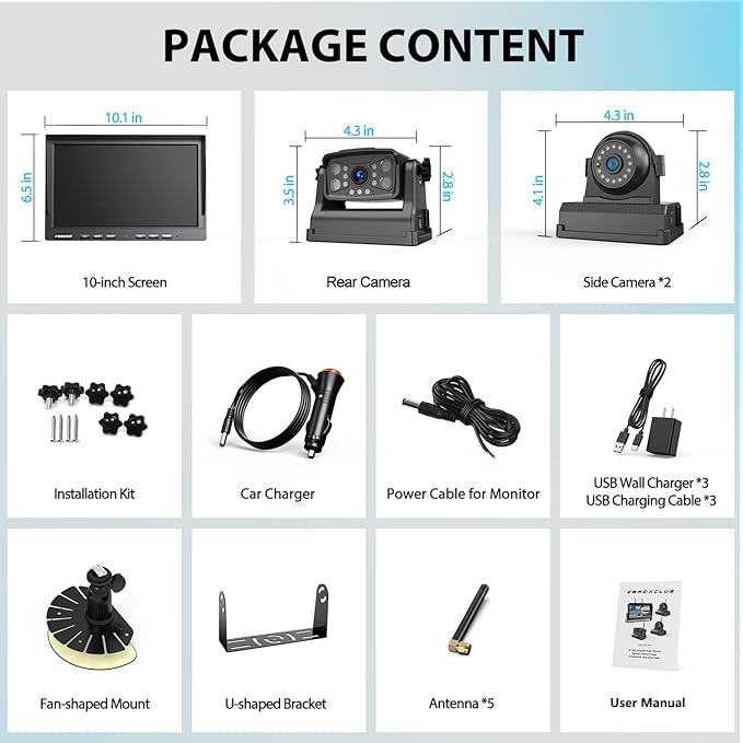 3 Magnetic Wireless Backup Camera with HD 1080P 10" DVR Monitor, 1-Rear View 2-Side View Cameras Wireless System for RV Trailer Trucks, Built-in 9600mAh Battery,Night Vision,Recording- ZEROXCLUB BC103-PawvioPets