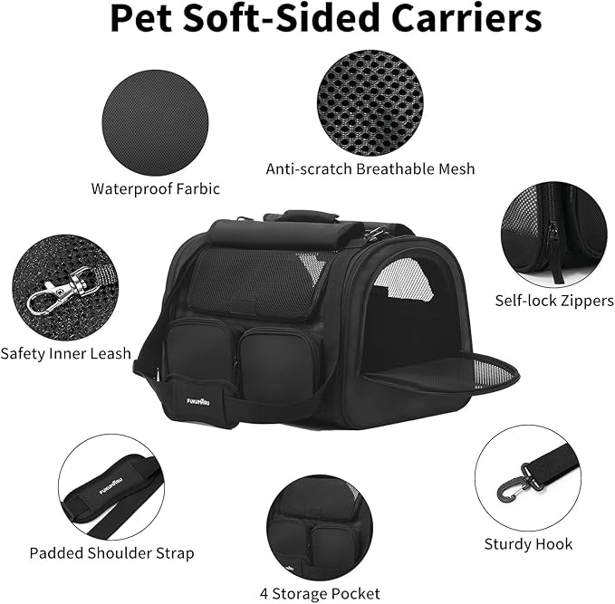 FUKUMARU Cat Carrier, 4 Mesh Windows Small Dog Carrier, 4 Storage Pockets Cat Travel Bag, Under 15 lb Airline Approved Pet Carrier, Rollable Cover for Nervous Cats, Black-PawvioPets