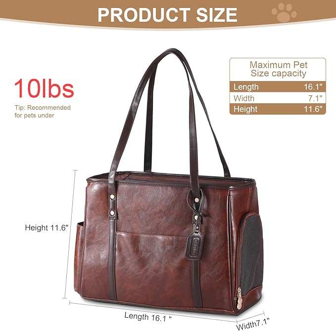 Fashion Dog Carrier Purse, Premium Leather Cat Carrier Bag, Airline Approved Soft Sided Pet Travel Tote Bag with Pockets Coffee-PawvioPets