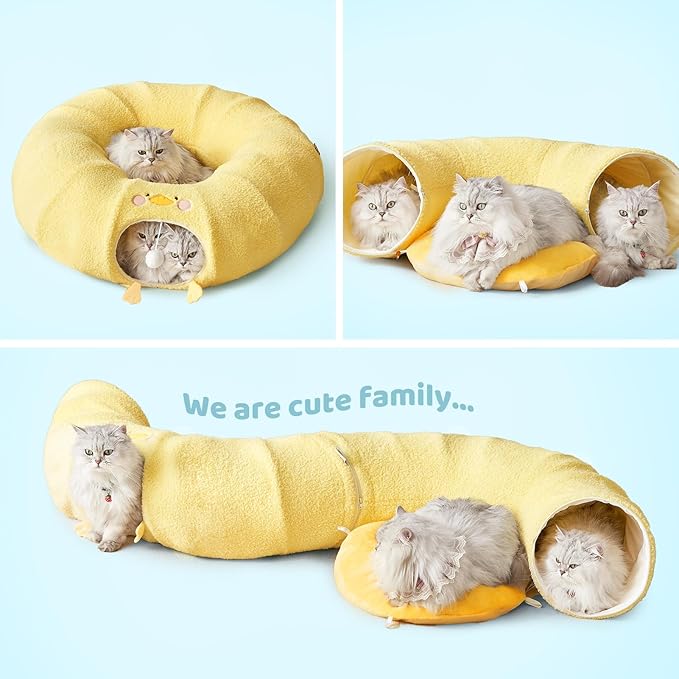 EHEYCIGA Cat Tunnel Bed for Indoor Cats, Cute Cat Donut Toy Tunnel for Small Large Cats with Washable Circle Cushion, Peekaboo Pet Cave Play Tunnel for Kitten, Puppy, Rabbit-PawvioPets
