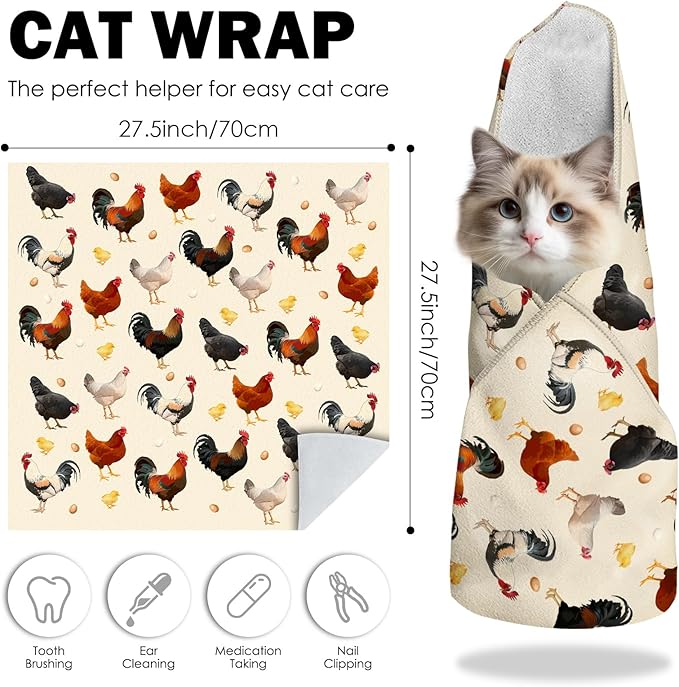27.6"Cat Grooming Wrap, Self Adhesive Cat Wrap for Cutting Nails, Anti-Escape Calming Cat Swaddle Wrap for Medicine Ear Cleaning, Chicken Anti-Scratch Cats Burrito Restraint Blanket,Practical Pet Tool-PawvioPets