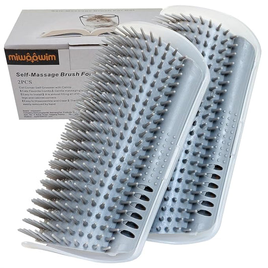 Extended (6.1") 2 Pack Self Grooming Cat Brush - Wall Corner Scratcher with Massage Combs for Long and Short Fur Cats, Kittens (Grey)-PawvioPets