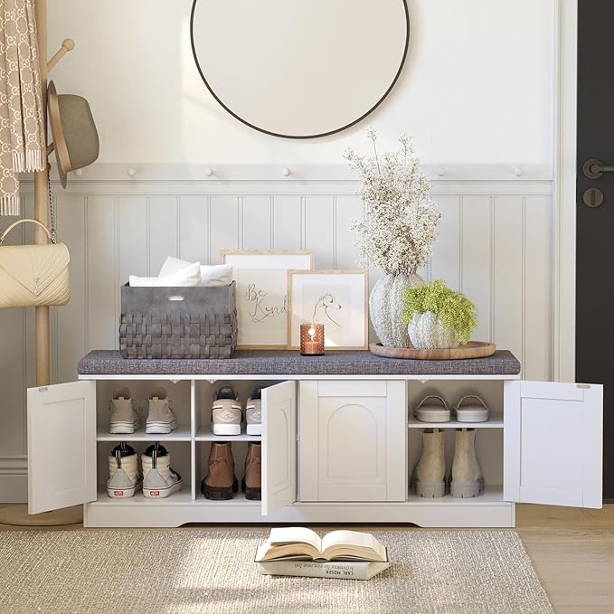 DINZI LVJ Shoe Bench, Entryway Storage Bench with Doors, Cushion, 2-Tier Shoe Rack with 8-Cubby, 47.2”L x 13.8”W Shoe Organizer Cabinet, Adjustable Shelf, Living Room, Bedroom, White-PawvioPets