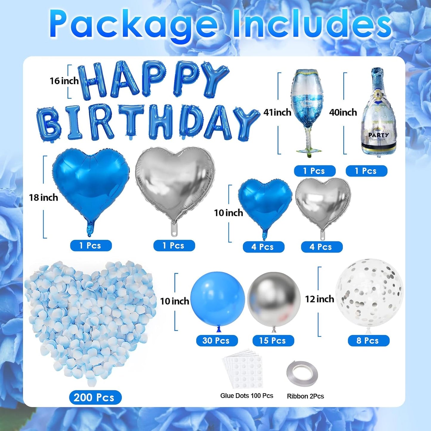 Blue Happy Birthday Decorations for Men Blue and Silver Biirthday Balloon Letters Banner with Heart-Shaped Champagne Bottle Wine Glass Balloons Rose Petals for Room Birthday Party Decor