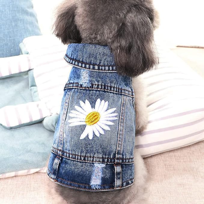 Dog Denim Jacket with Embroidered Daisy, Ripped Vintage Jean Vest for Small Dogs, Pugs, Chihuahuas, Spring Summer Autumn Festival Outfit-PawvioPets