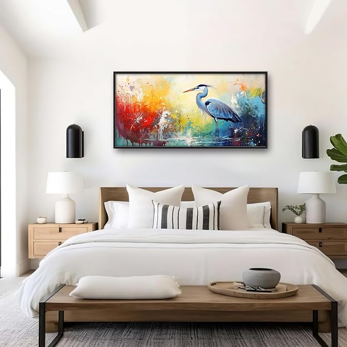 Extra Large Framed Abstract Heron Wall Art,Oversized Colorful Graffiti Heron Wall Decor Pictures for Living Room,Canvas Print Painting Modern Artwork Bedroom Office Bathroom Home Decor 60L x 30W-PawvioPets