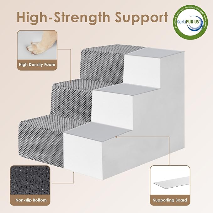 EHEYCIGA Dog Stairs for Small Dogs 16.5" H, 3-Step Extra Wide Dog Steps for Couch Sofa and Chair, Pet Steps for Medium Cats, Non-Slip Balanced Pet Ramp Indoor, Grey-PawvioPets