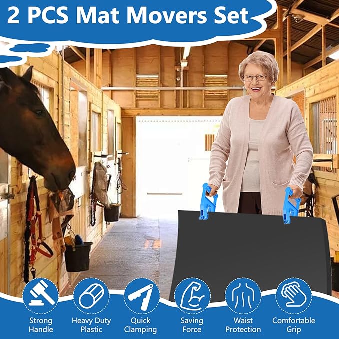2 Piece Mat Movers Set, Heavy Duty Rubber Mat Grippers for Horse Stalls, Gym, Barn, Trailer, Stall Mat Handlers with Strong Handle and Plastic Teeth, Effortless Mat Puller for Tack Room, Barn-PawvioPets