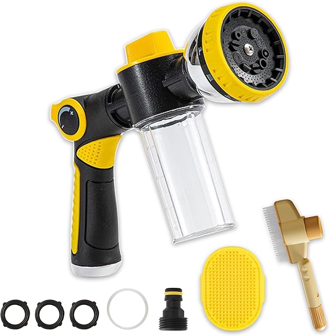 Dog Washing Hose Attachment, 10-in-1 Soap Sprayer Moden Garden Hose Nozzle with 100cc Soap Dispenser, Dog Wash Supplies with Dog Bath Brush & Pet Comb, Foam Gun Car Wash Sprayer (Yellow)-PawvioPets