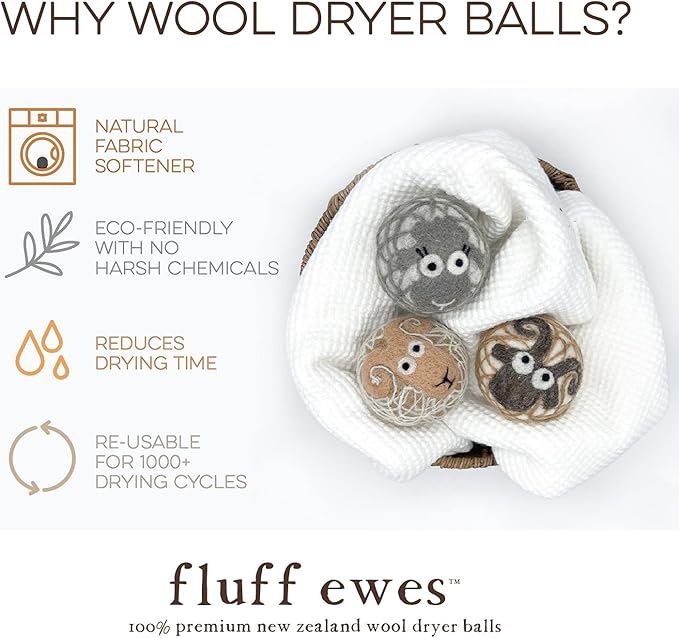 Fluff Ewes Wool Dryer Balls 3 Pack Premium New Zealand Wool Laundry Balls for Dryer, No Static Dryer Balls Laundry Reusable Cute - XL Wool Dryer Balls Cute, Baby Dryer Balls for Dryers - Lights-PawvioPets